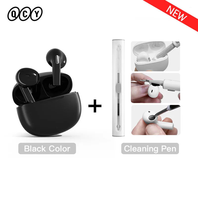 Black wireless earbuds with cleaning pen.