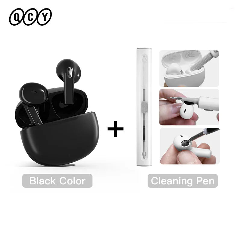 Black wireless earbuds with cleaning pen.