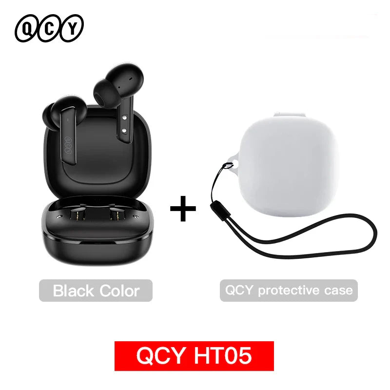 Black wireless earbuds with protective case.