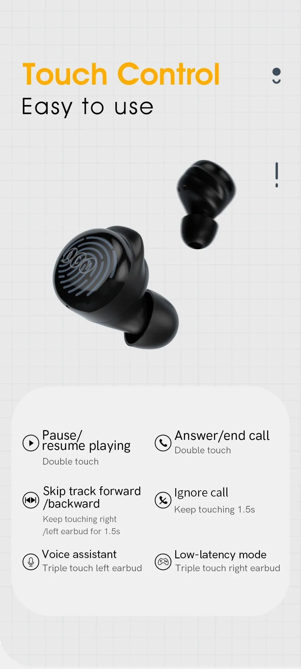 Black wireless earbuds with touch control features.