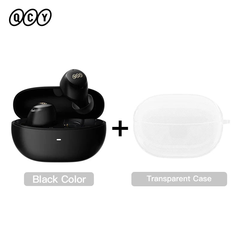 Black wireless earbuds with transparent case.