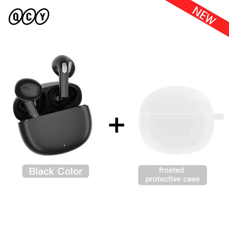 Black wireless earbuds with white case.