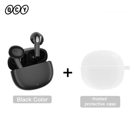 Black wireless earbuds with white case.