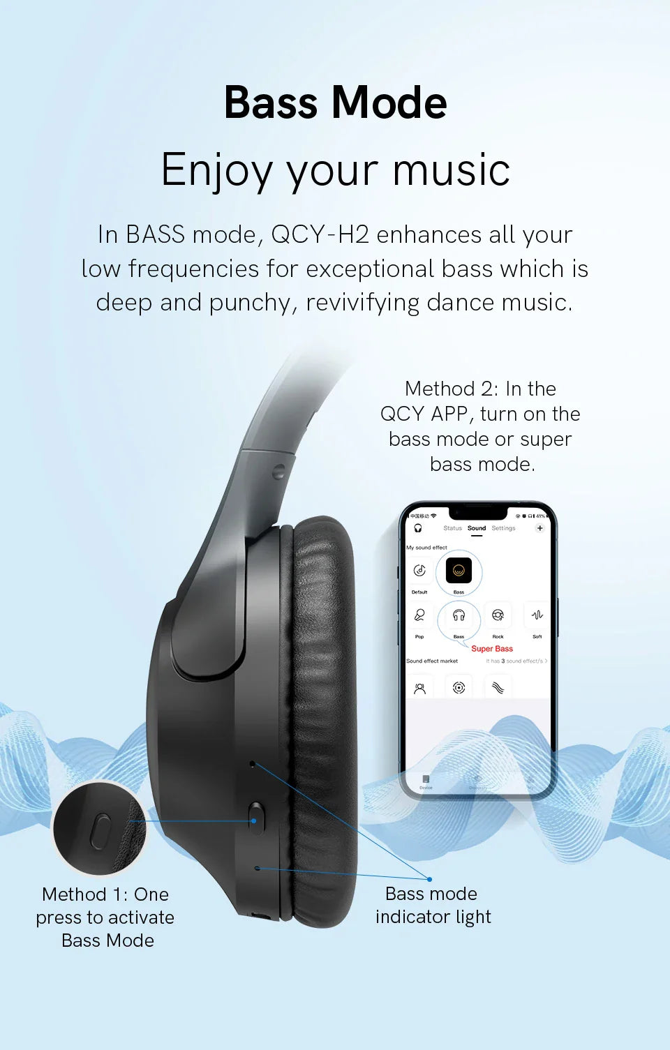 Black wireless headphones with bass mode options.