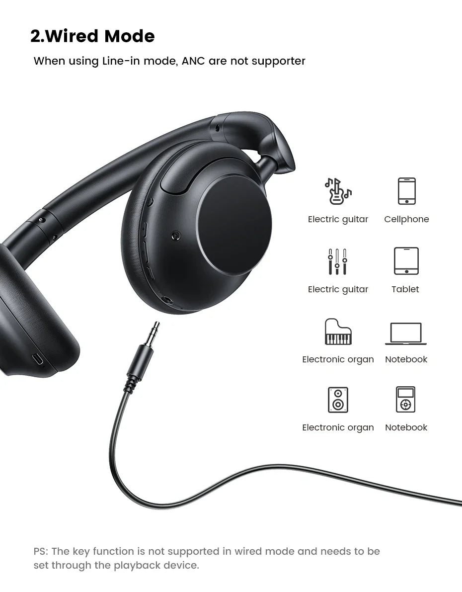 Black wireless headphones with a detachable audio cable.