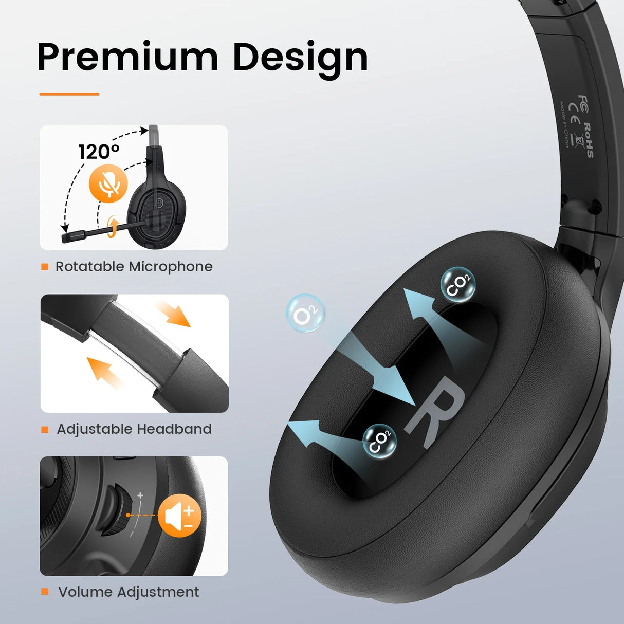 Black wireless headphones with a rotatable microphone and adjustable features.