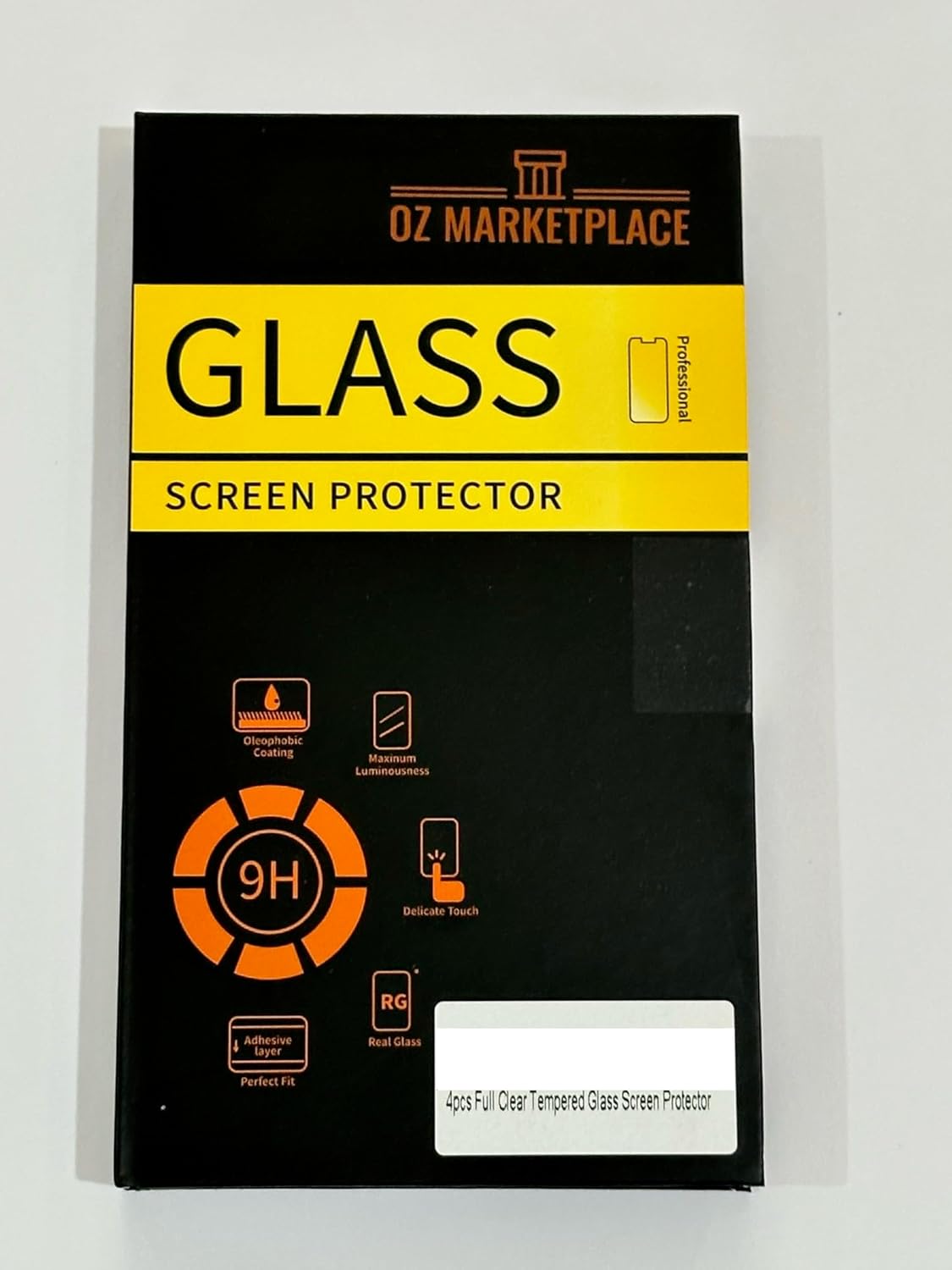 Black and yellow glass screen protector packaging.