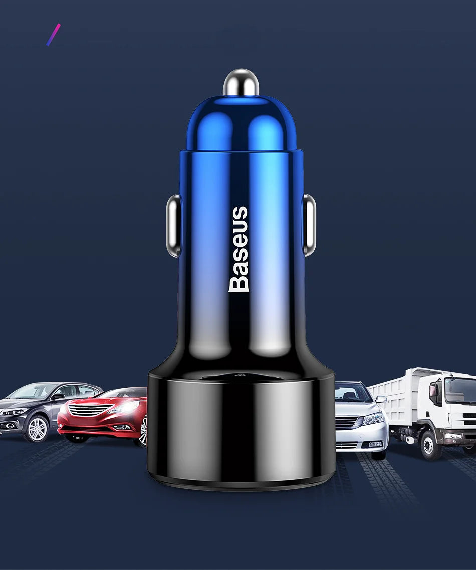 Blue and black dual USB car charger adapter with ’Baseus’ branding.