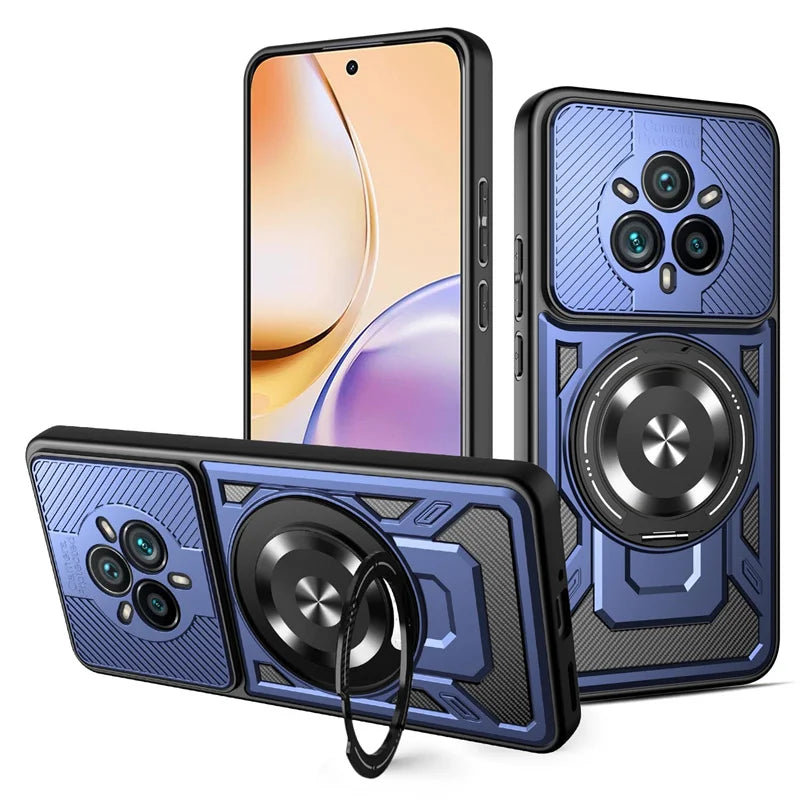 A blue and black protective phone case with a built-in kickstand and camera lens cover.