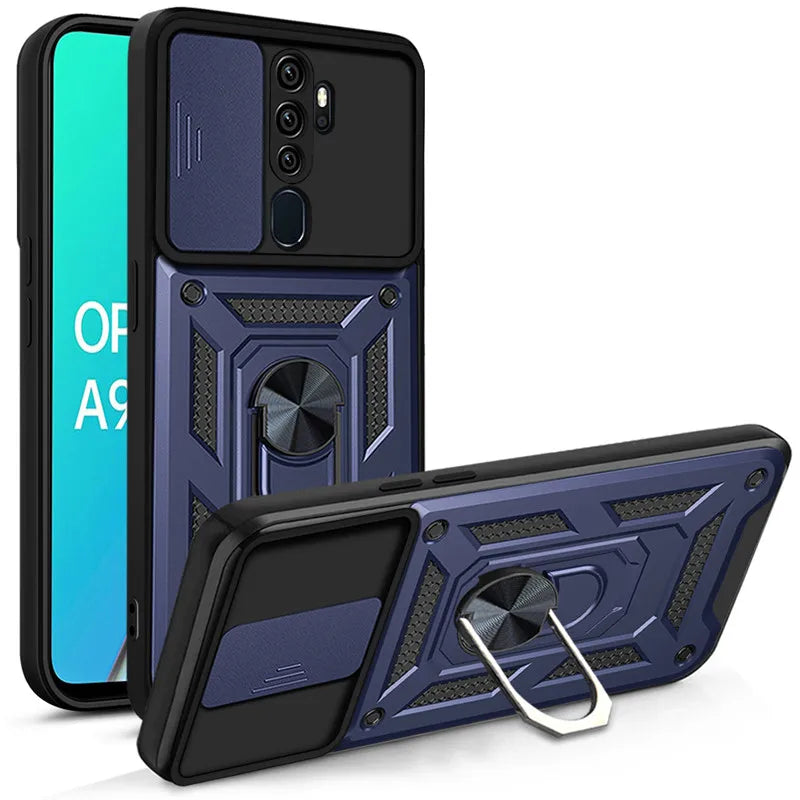 Blue and black shockproof armor case with built-in camera slide and magnetic ring stand for OPPO A5 A9 A3S A5S A7 back side view