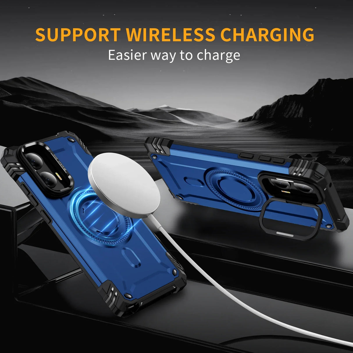A blue and black rugged phone case with a built-in magnetic ring for wireless charging and a camera cover.