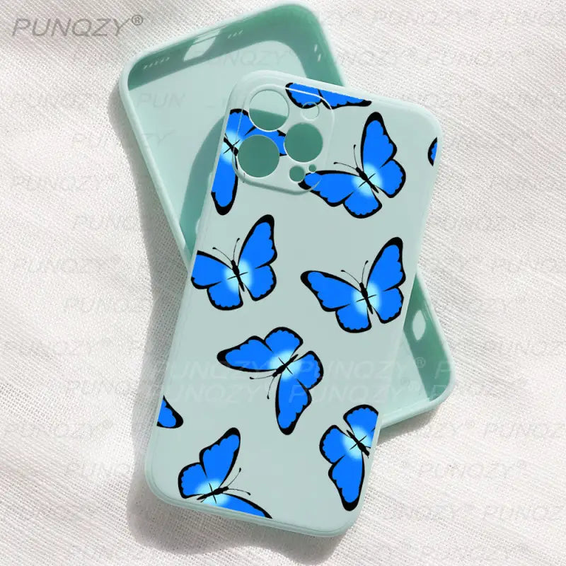 a blue butterfly phone case on a white background