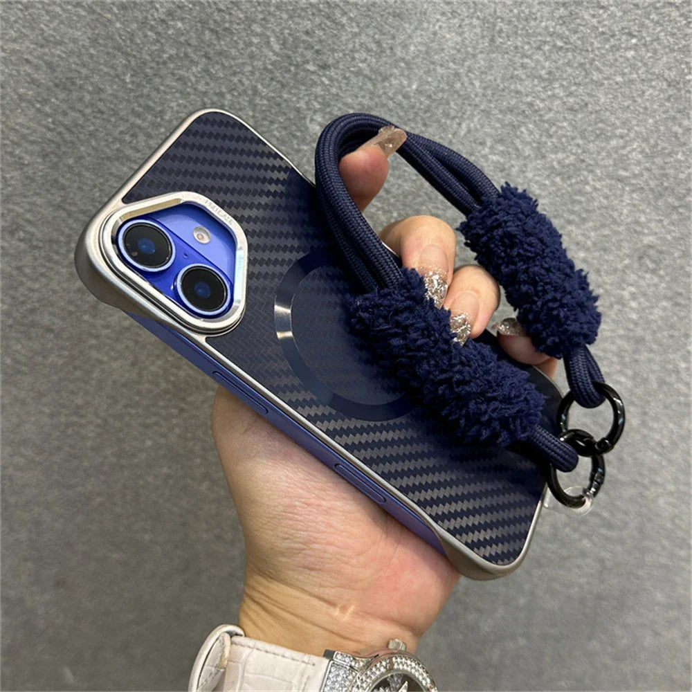 Blue carbon fiber phone case with fuzzy strap.