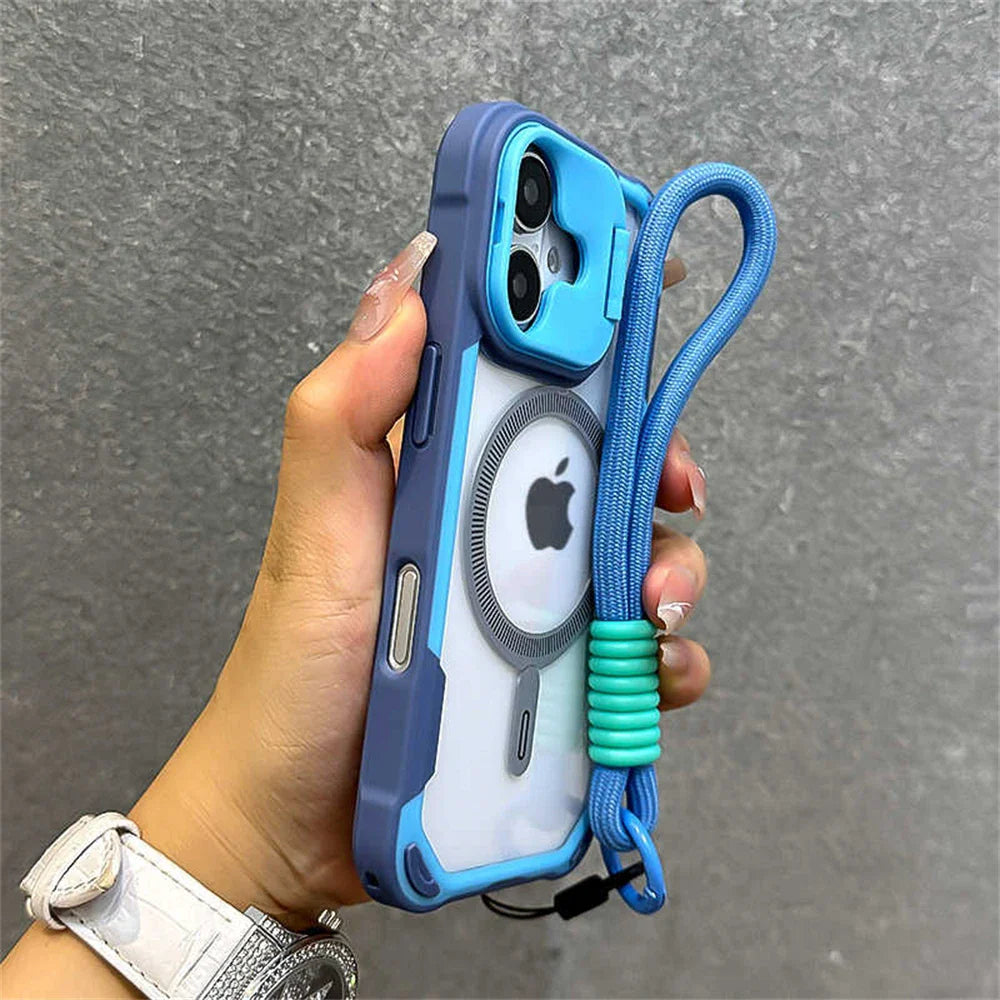 Blue and clear iPhone case with lanyard.