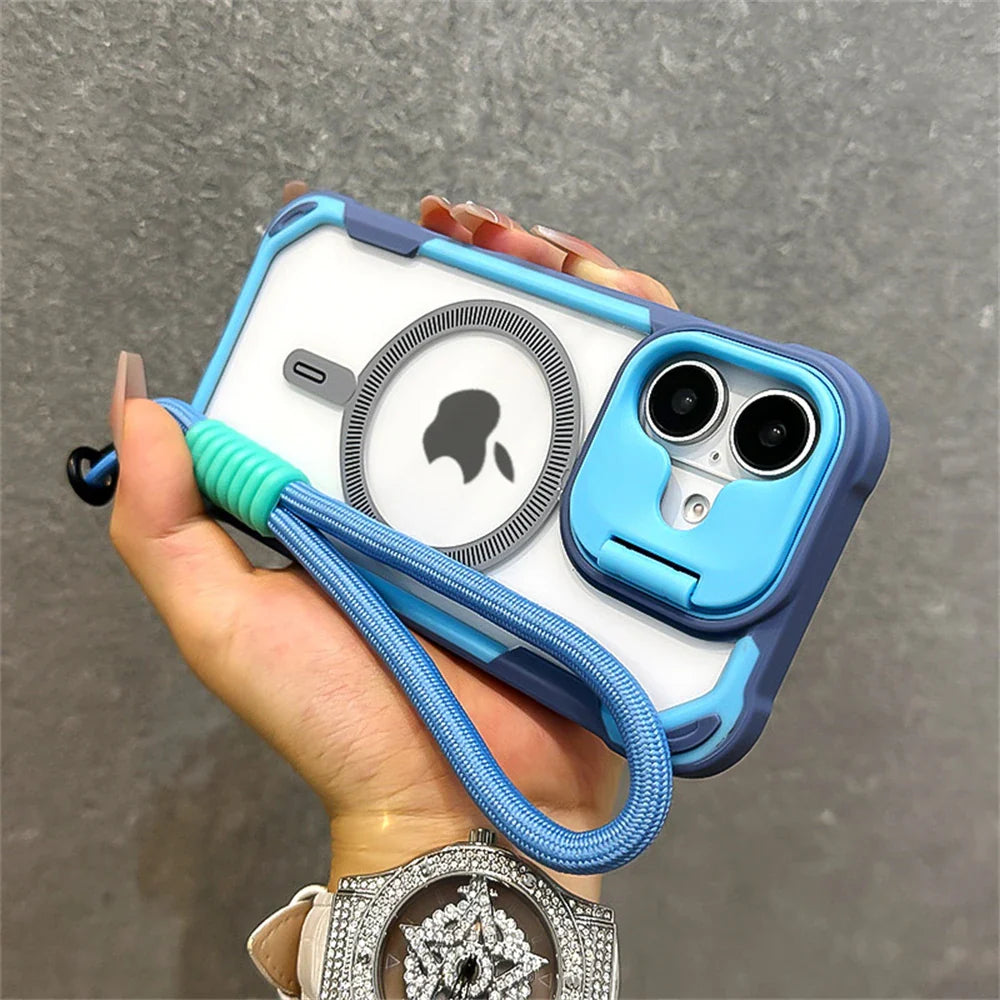Blue and clear iPhone case with wrist strap.