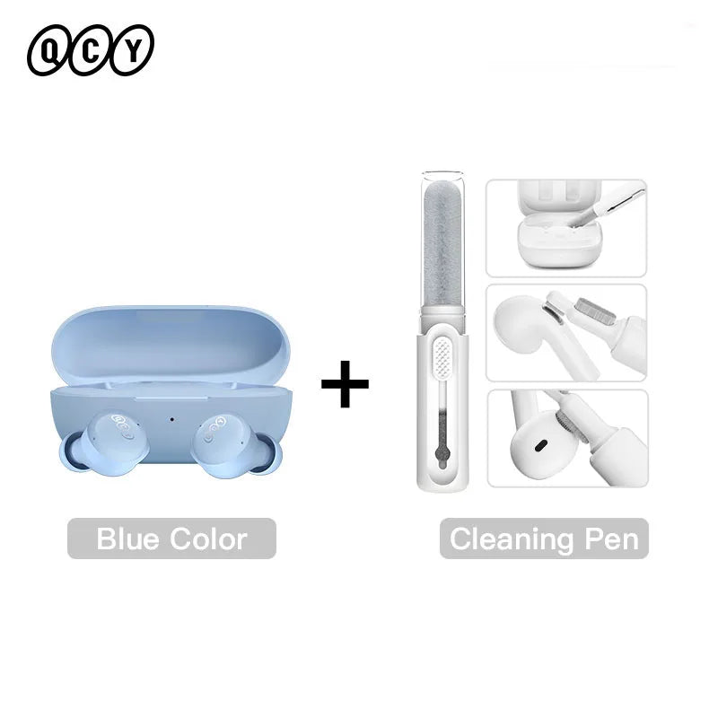 Blue earbuds and cleaning pen.