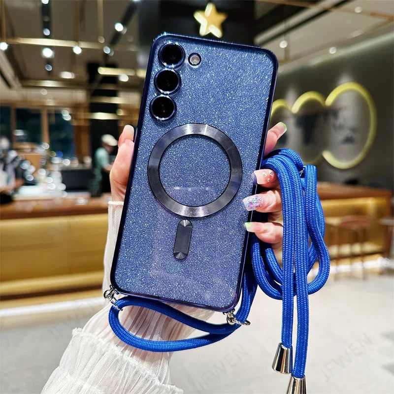 Blue glittery smartphone case with a ring holder and attached blue lanyard.