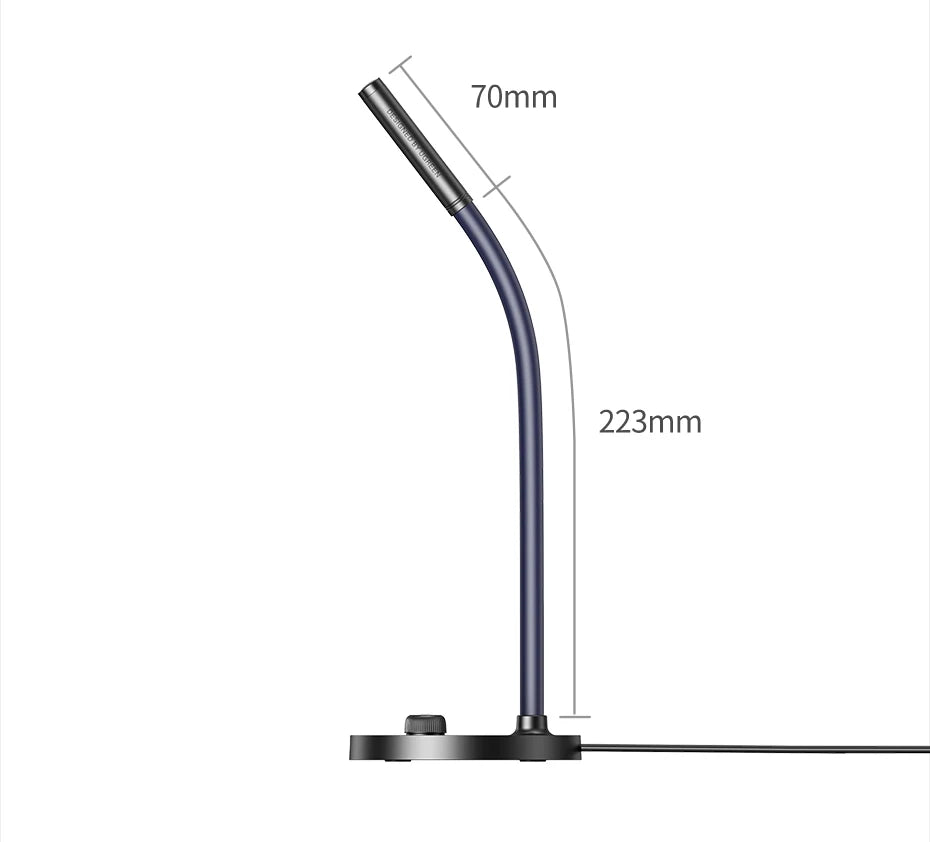 Blue gooseneck microphone with measurements.