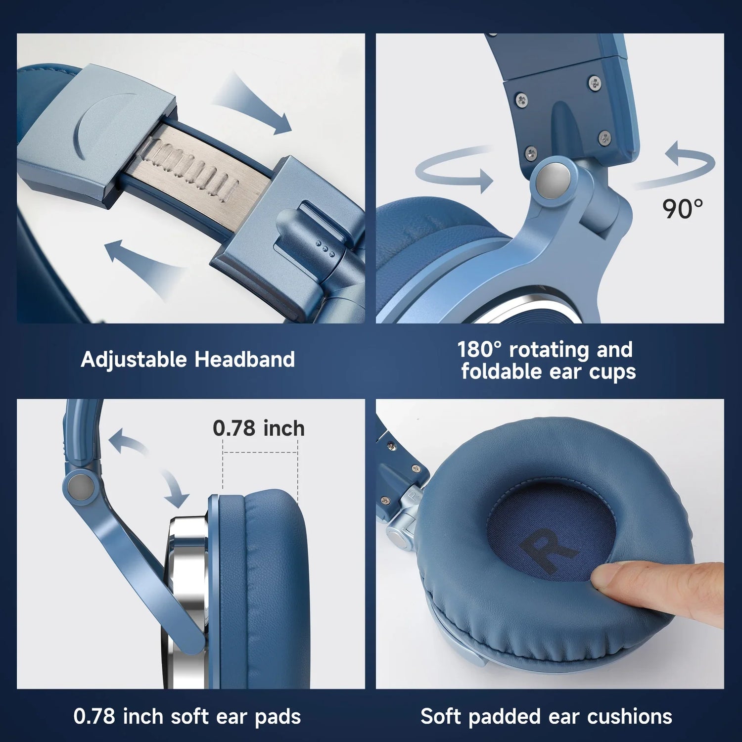 Blue headphones with adjustable headband and rotating ear cups.