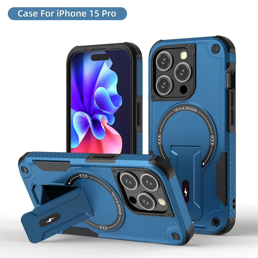 Blue iPhone 15 Pro case with kickstand.