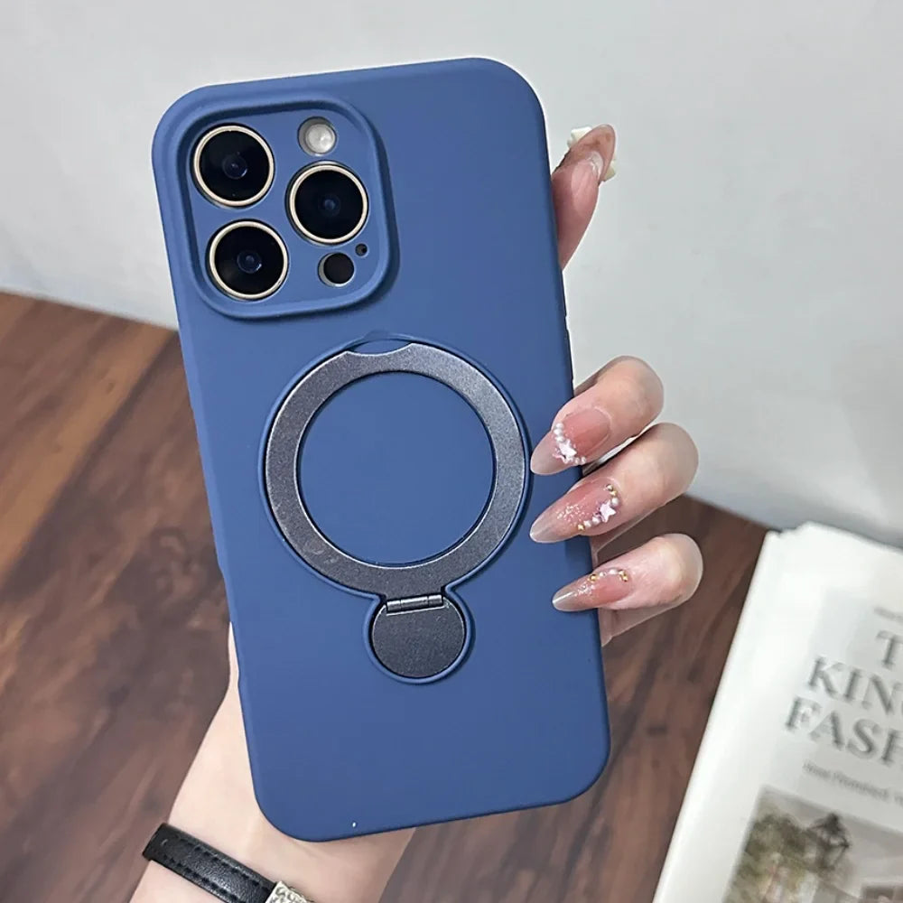 Blue iPhone case with a built-in magnetic ring holder.
