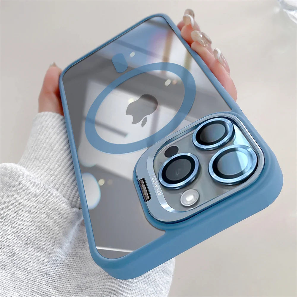 Blue iPhone case with camera lens protection.