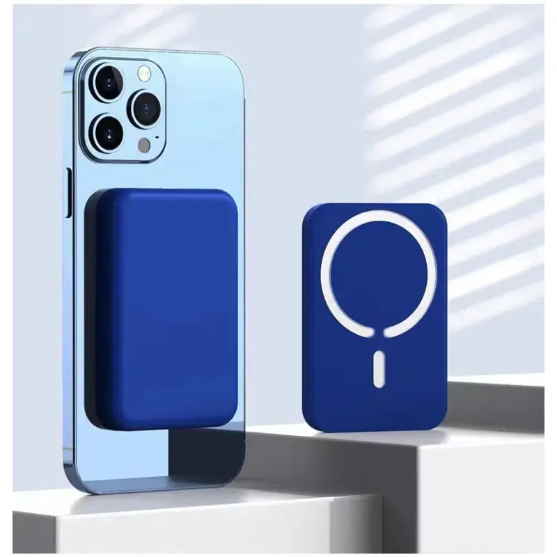 a blue iphone case with a magnite on it