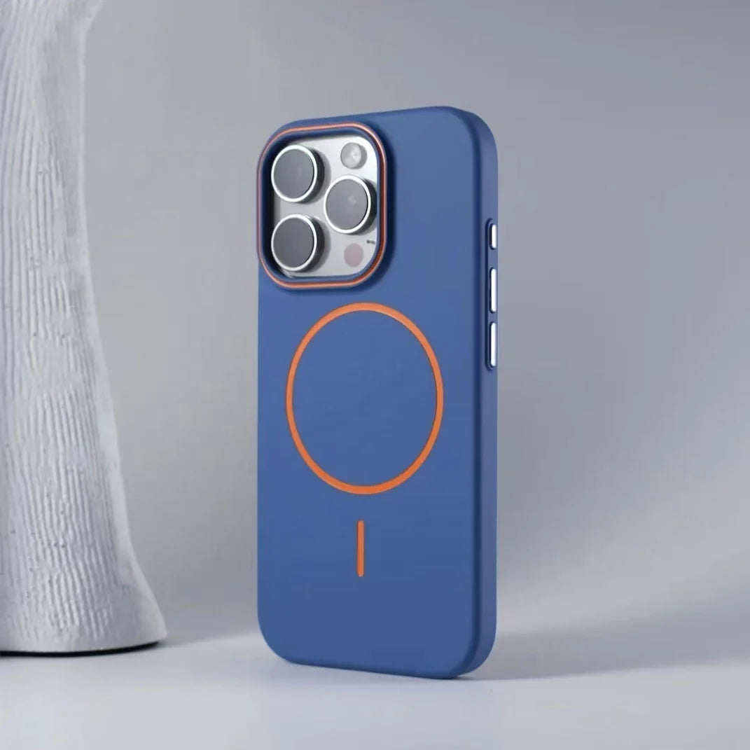 Blue iPhone case with orange MagSafe ring.