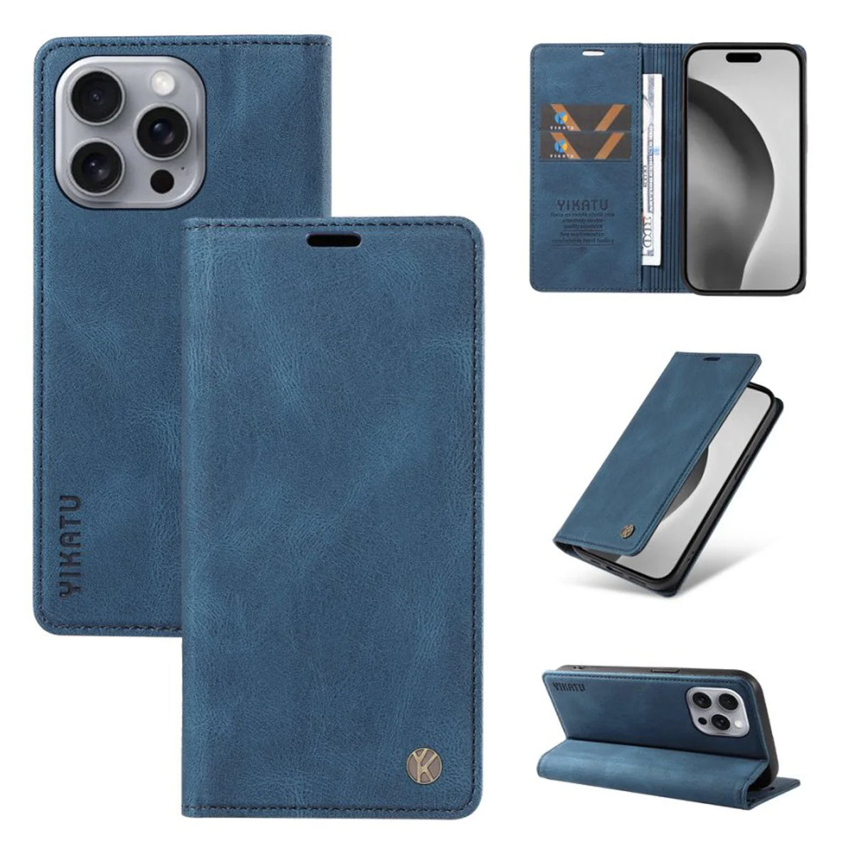 A blue leather-style wallet phone case with multiple viewing angles and card slots.