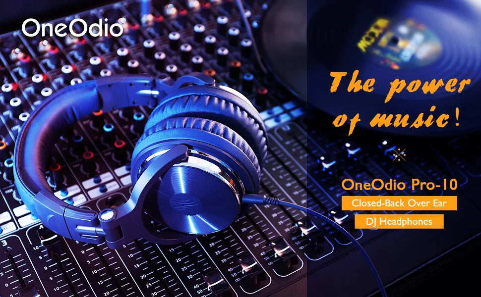 Blue over-ear DJ headphones.