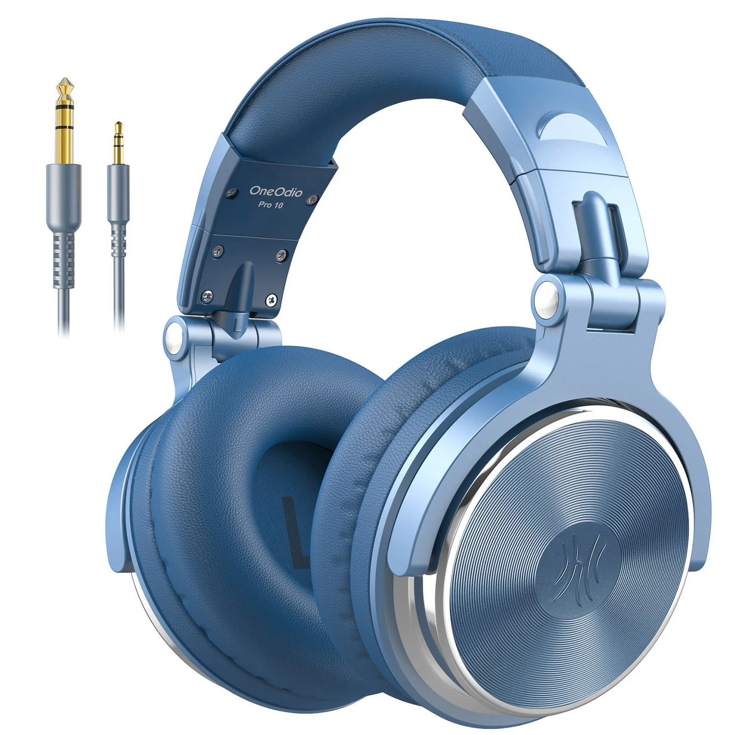 Blue over-ear headphones with audio cables.