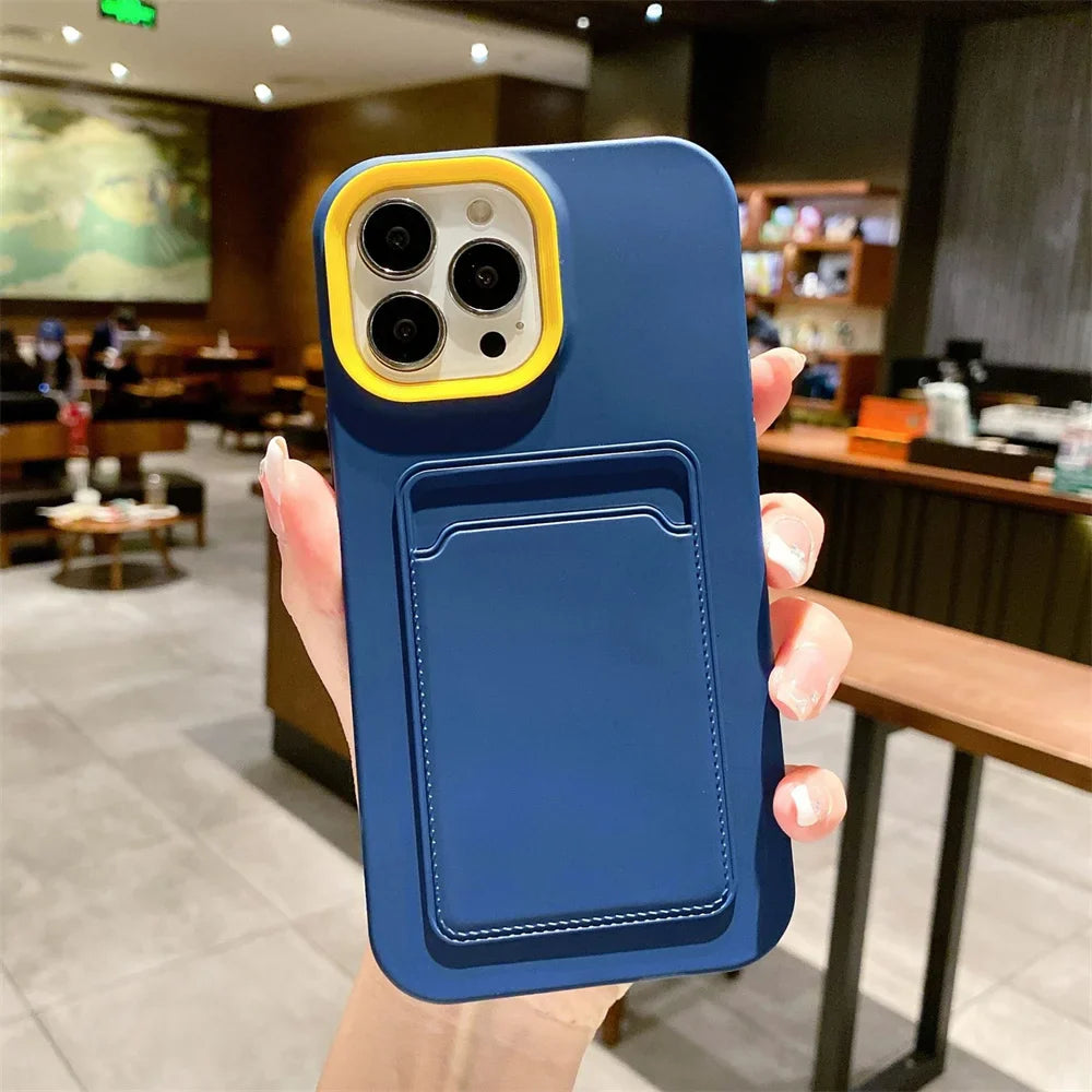Blue phone case with card holder.