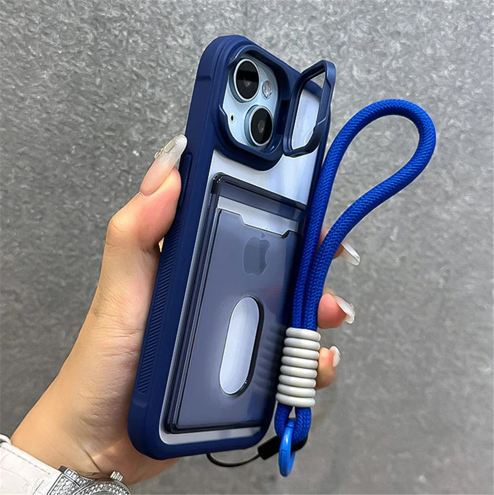 Blue phone case with card holder and lanyard.