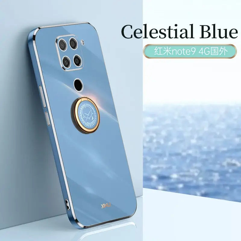 a blue phone with a gold ring on it