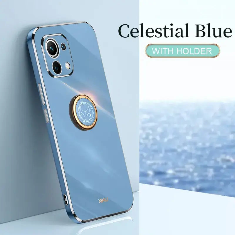 A blue phone case with a circular design