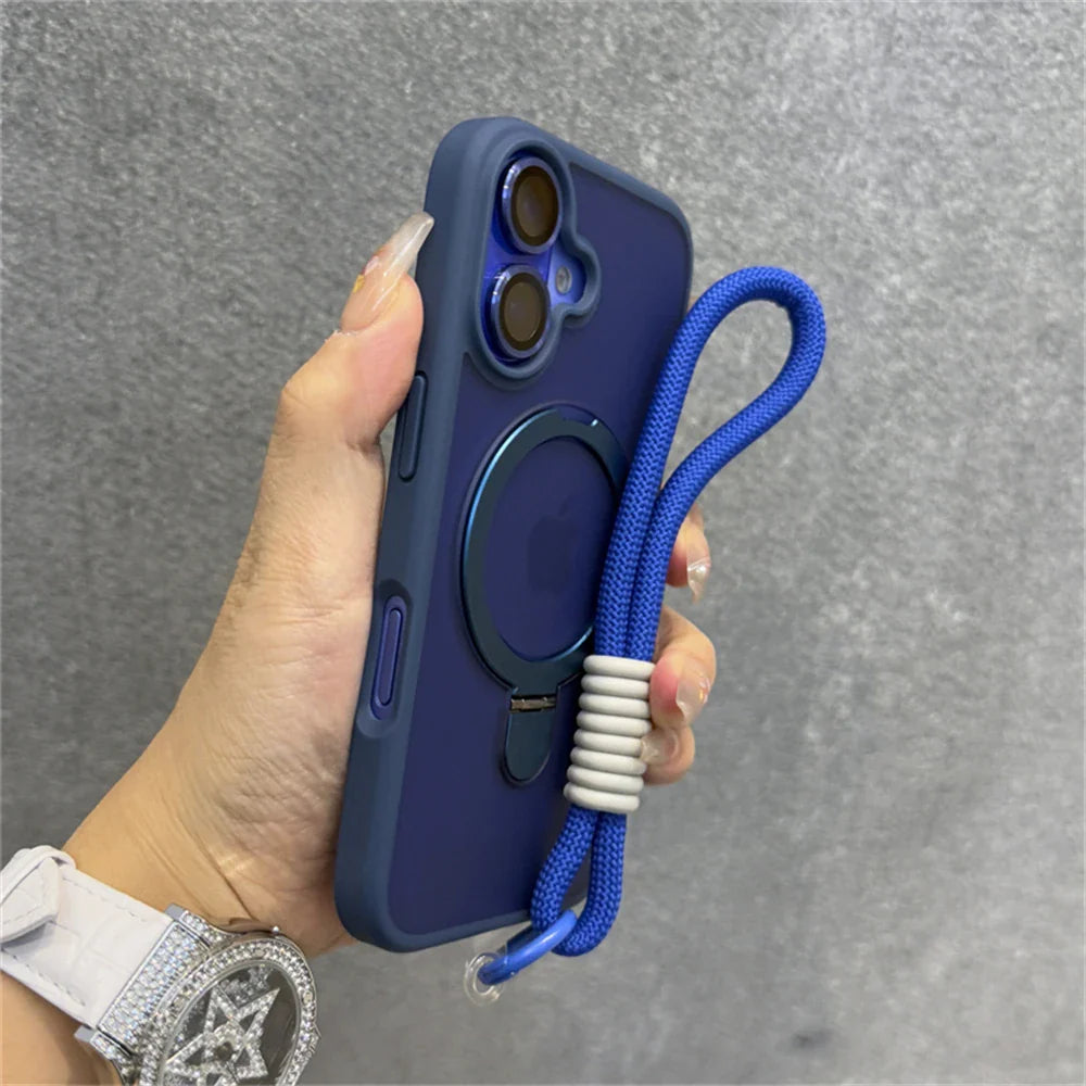 Blue phone case with wrist strap.