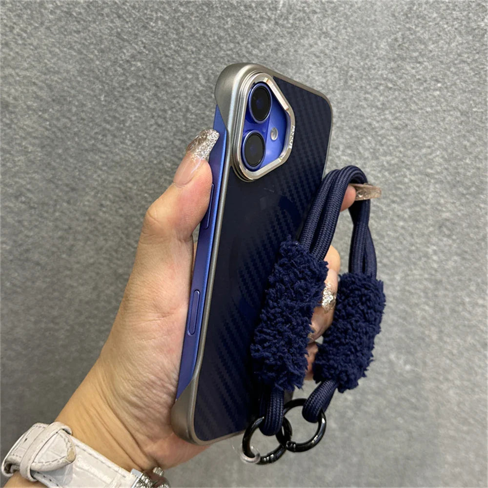 Blue phone case with wrist strap.