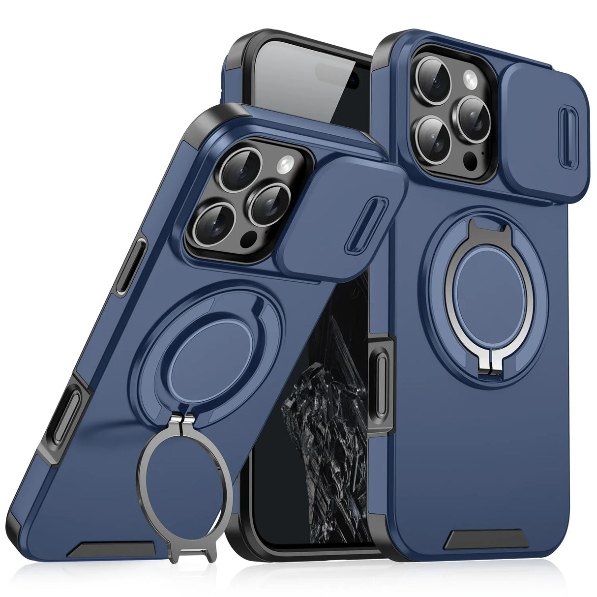 Blue phone cases with camera covers and ring stands.