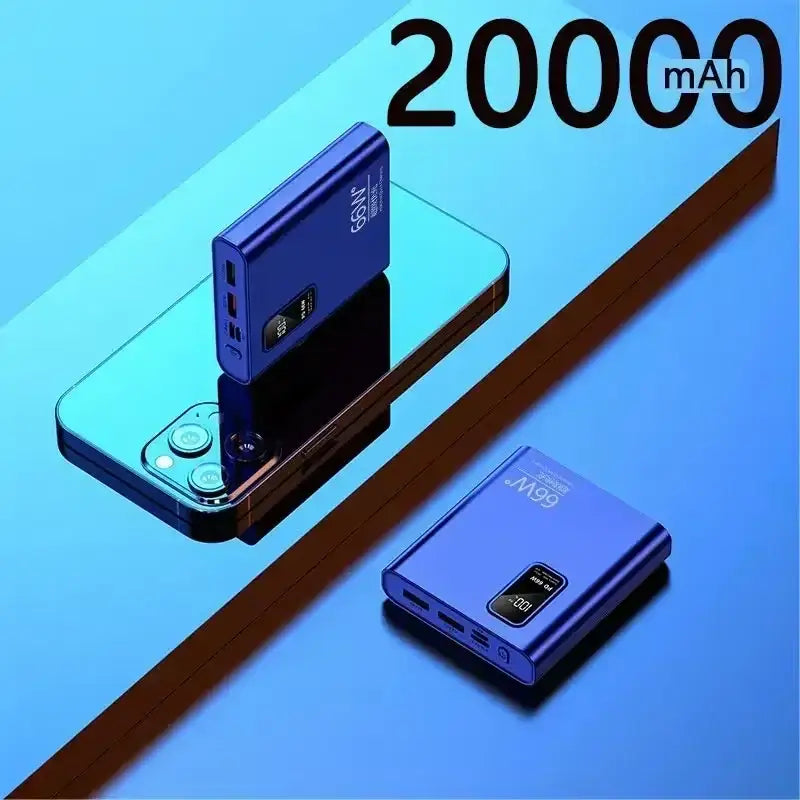 a blue phone with a charging charger on top
