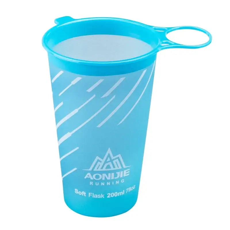 a blue plastic cup with a handle