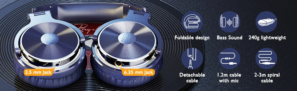 Blue and silver headphones with multiple jack options and cable types.