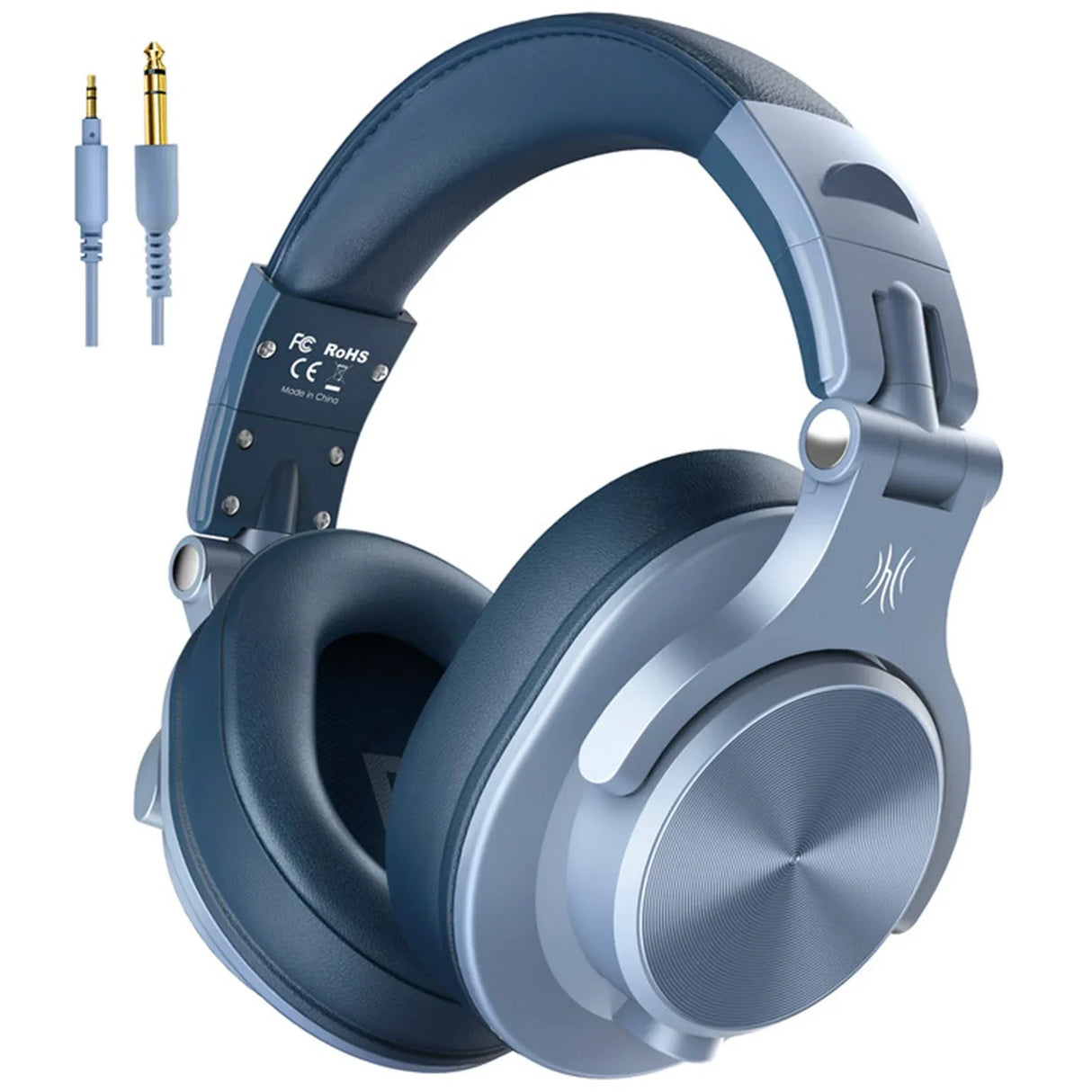 Blue and silver over-ear headphones with audio cables.