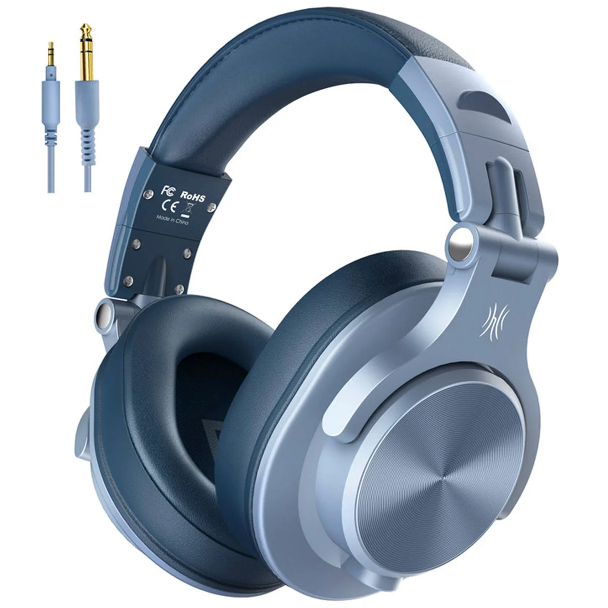 Blue and silver over-ear headphones with audio cables.