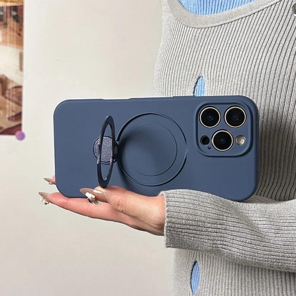 Blue smartphone case with a built-in ring stand and camera protection.