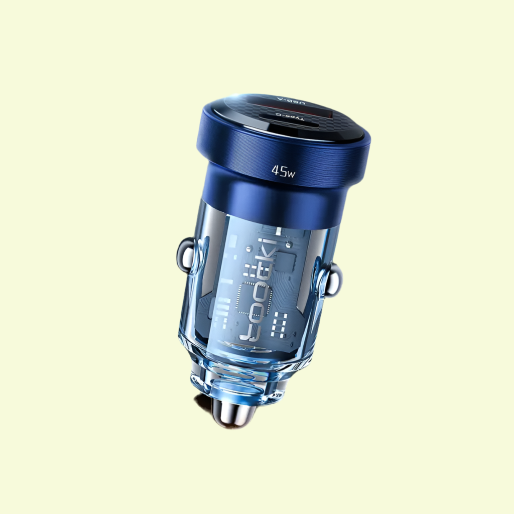 Blue and transparent cylindrical electronic device, likely a vaporizer coil or atomizer.