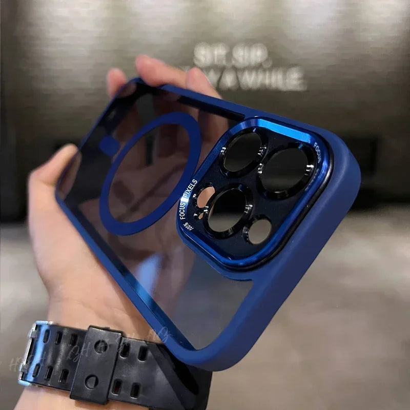 Blue-trimmed clear phone case.