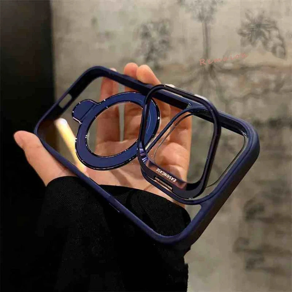 Blue-trimmed clear phone case with ring stand.