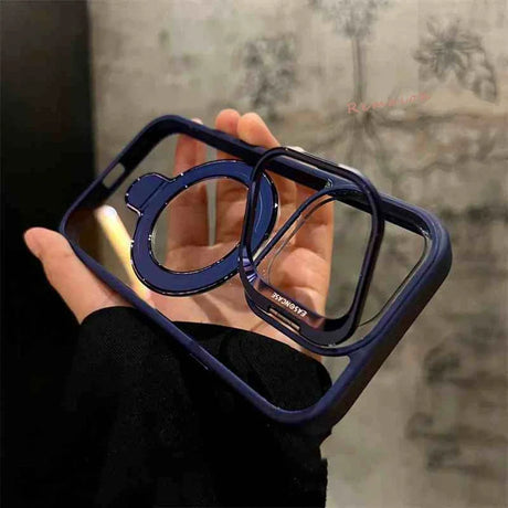 Blue-trimmed clear phone case with ring stand.
