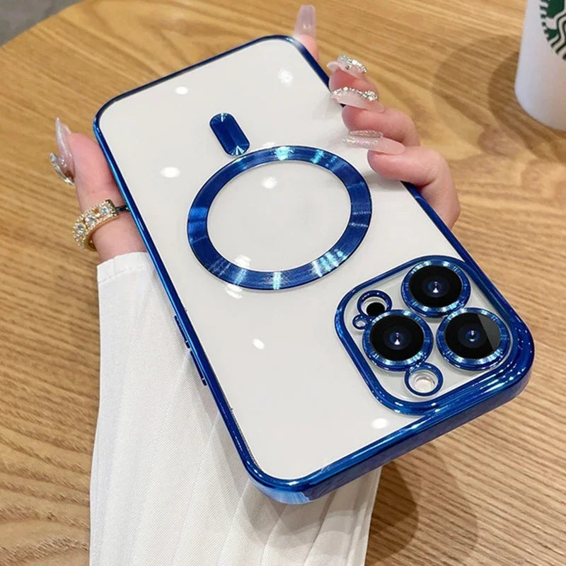 Blue-trimmed clear phone case.