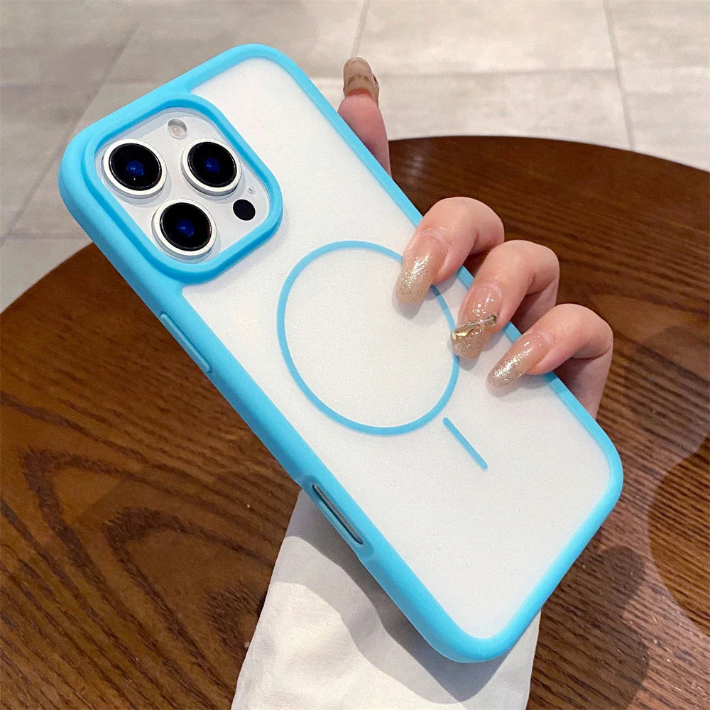 Blue-trimmed clear phone case.